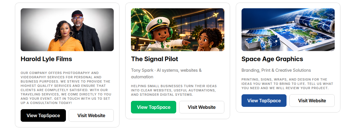 TapSpace directory listings for Harold Lyle Films, The Signal Pilot and Space Age Graphics with distinct branded covers and action buttons