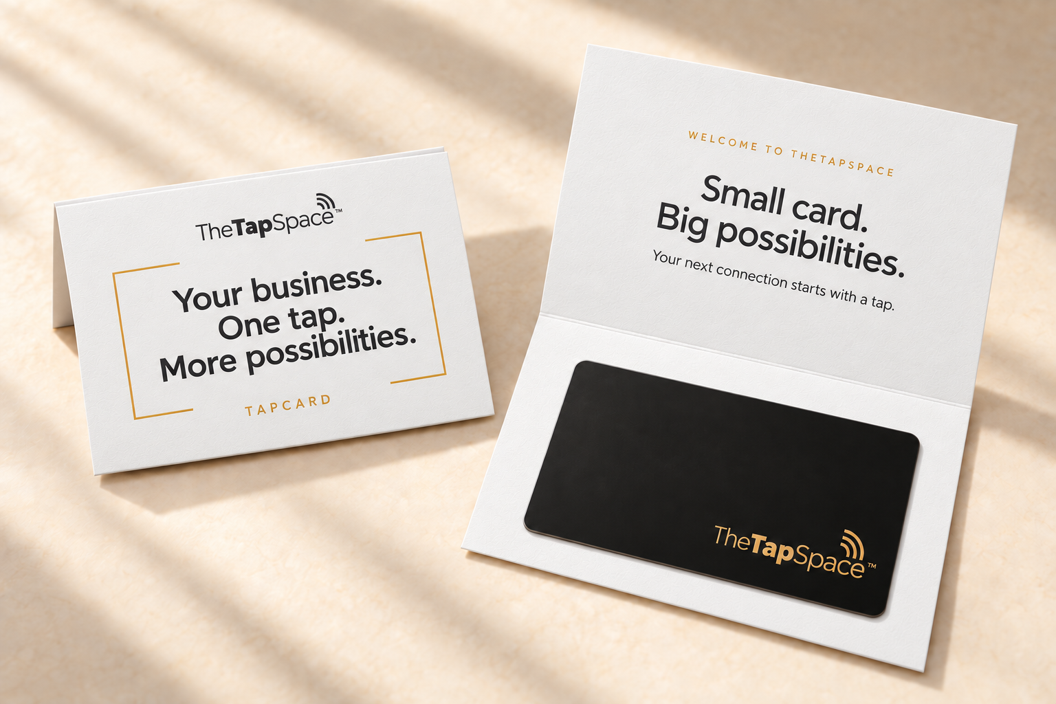 TheTapSpace TapCard promotional artwork: a black and gold card in white presentation packaging with the messages Your business. One tap. More possibilities. and Small card. Big possibilities.