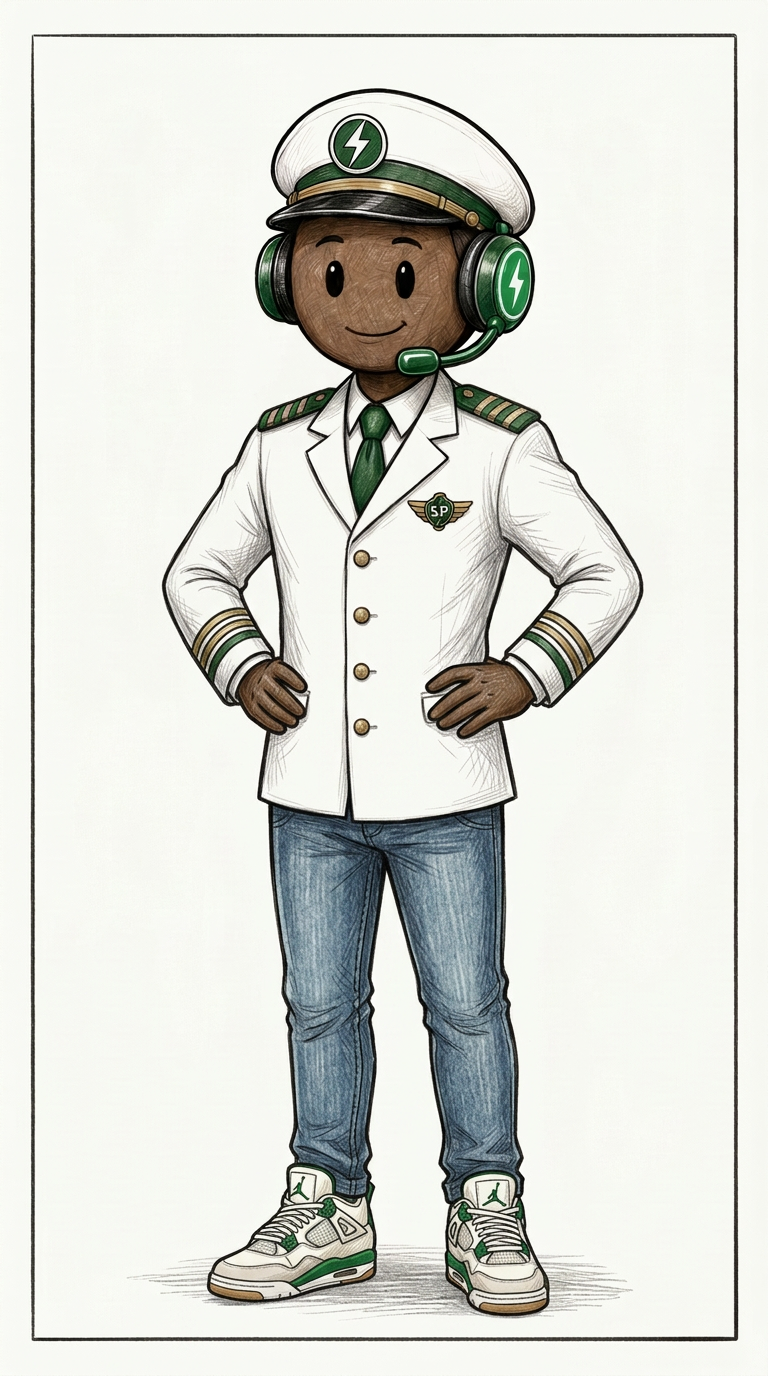 Official full-body Tony Spark illustration in a white captain jacket, jeans and green-accented sneakers