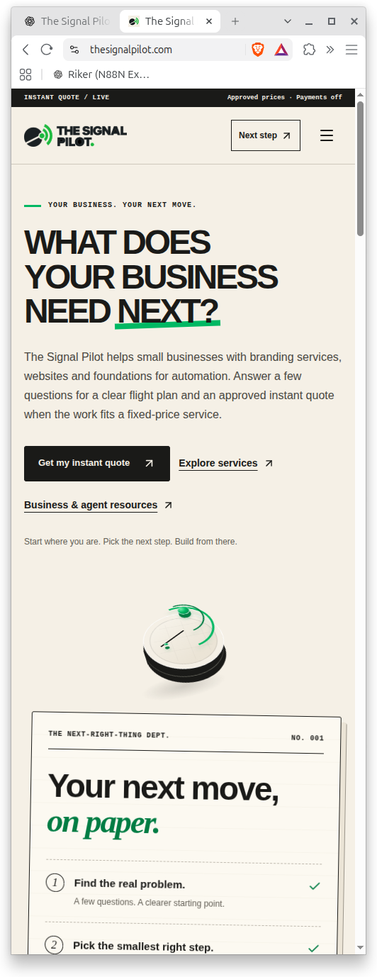 The Signal Pilot website snapshot captured October 8, 2026